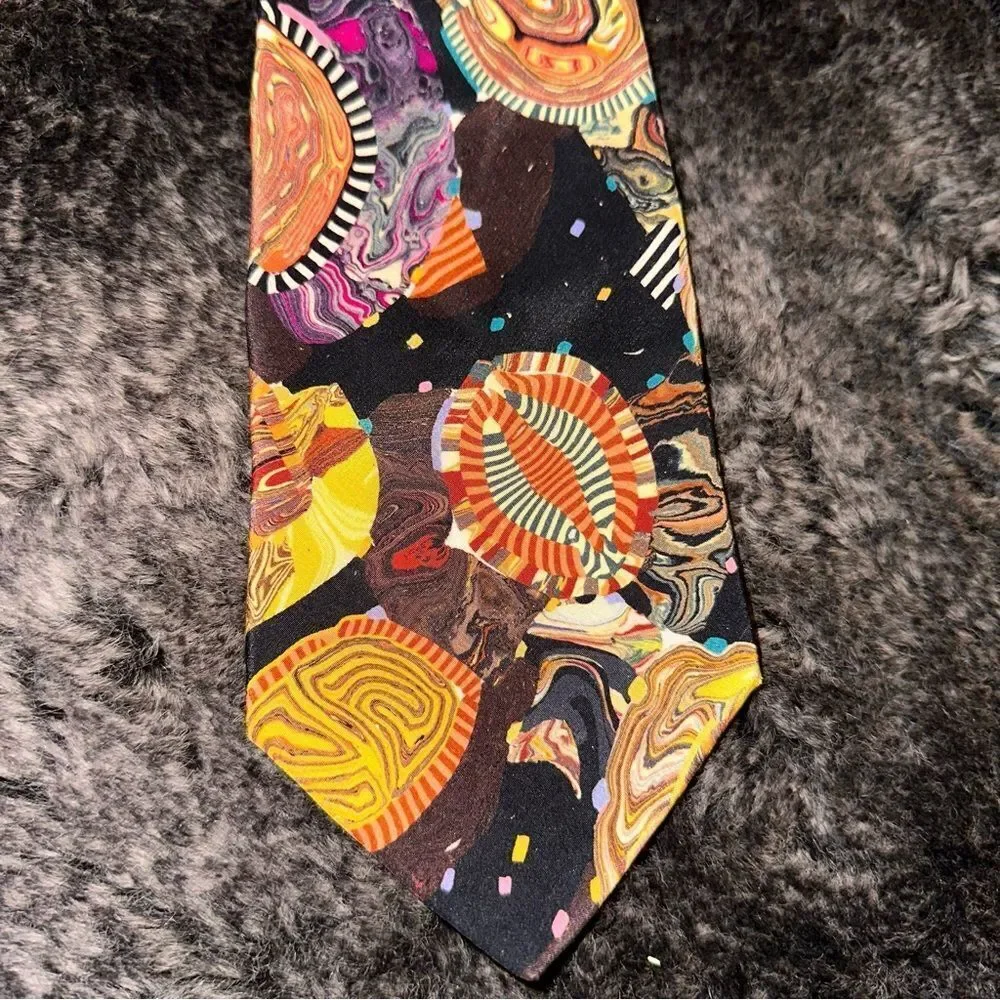Brioni 100% Silk Black Multicolor Trippy Astronomical Handkerchief Tie OS Indie